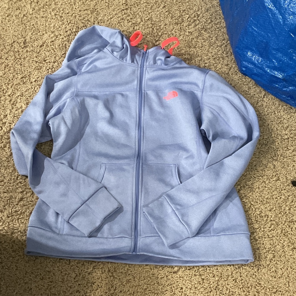 The North Face Light Blue Hoodie with Pink Accents